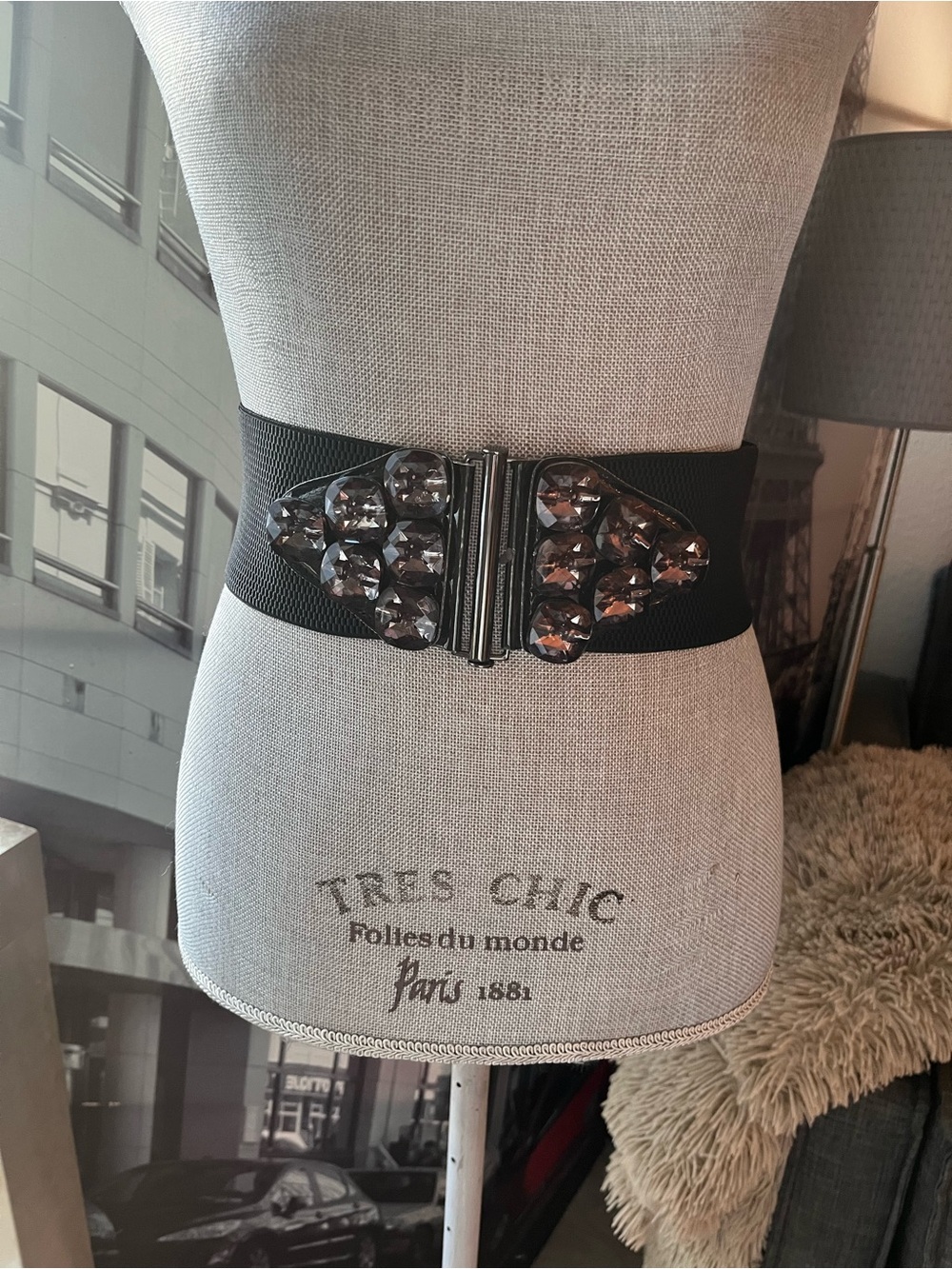 Black Crystal Jeweled Stretch Waist Belt - Women Accessories